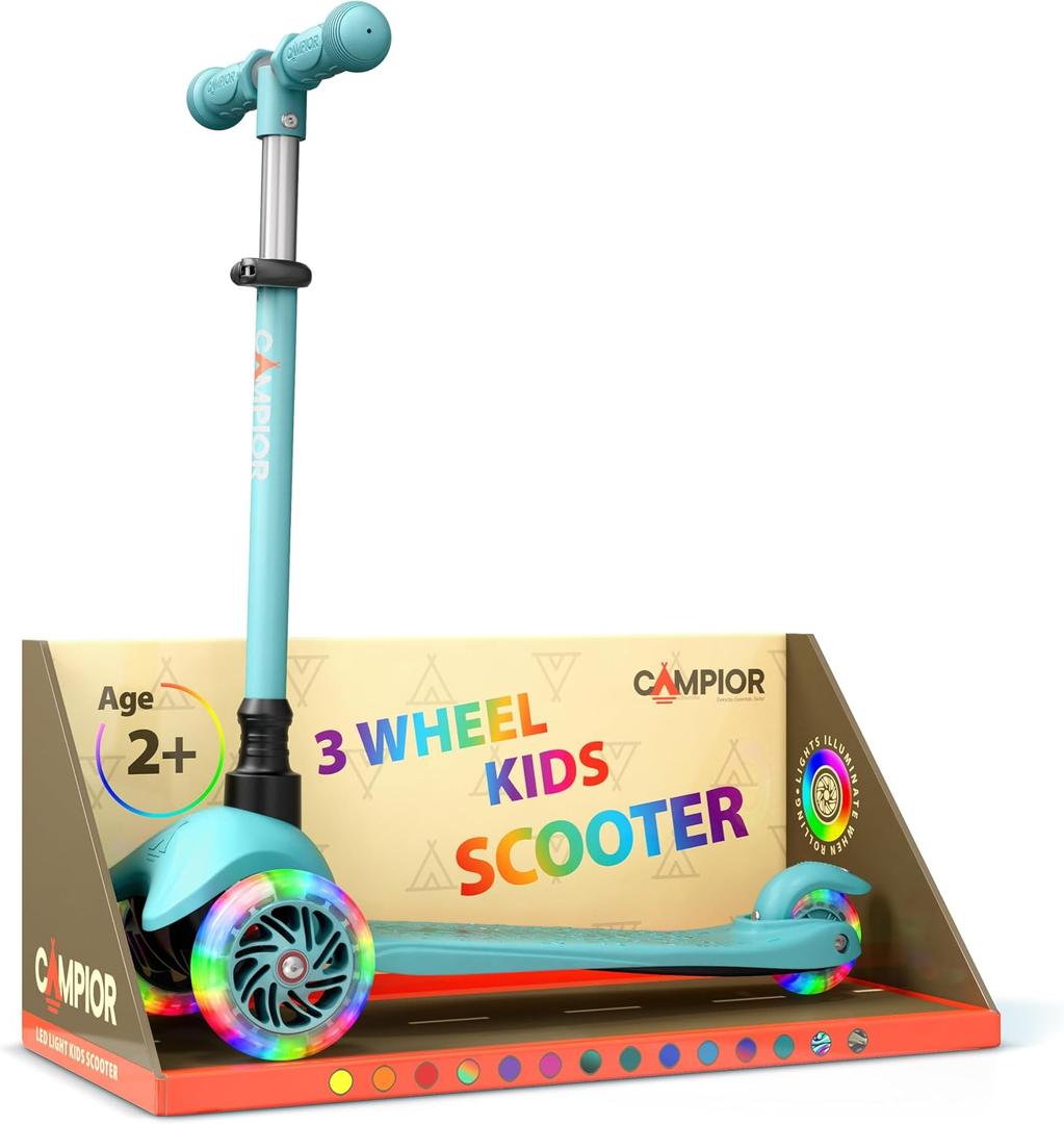 Teal Mini 3 Wheel Scooter for Kids Lean-to-Steer Kick with LED Light-Up Wheels, Adjustable Handlebar, Wide Anti-Slip Deck, Smooth PU Wheels, Rear Foot Brake Suitable for Ages 2+