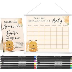 Sintuff Guess Baby Due Date Calendar Include 1 Pcs Guess The Arrival Date of The Baby Shower Wooden Sign 1 Prediction Calendar 12 Fineliner Colored Pens Game Party Favor(Bee)
