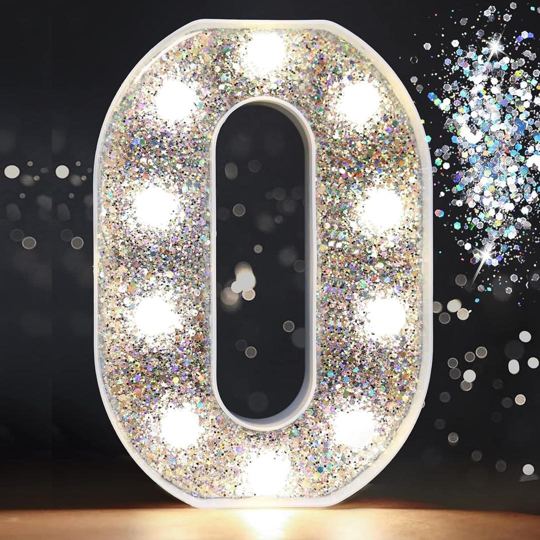 Pooqla LED Marquee Letter Lights, Light Up Silver Letters Glitter Alphabet Sign Battery Powered for Night Light Birthday Party Wedding Girls Gifts Home Bar Christmas Decoration, Silver Letter O
