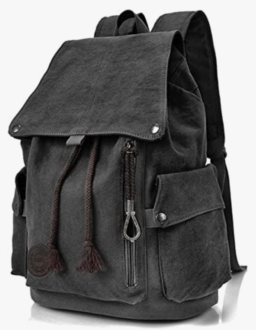 RERI Casual Canvas Backpack, Canvas Leather Backpack, Hiking Daypacks, Unisex Shoulder Backpack,Vintage Canvas Genuine Leather Travel School Bag, Black, L, Daypack Backpacks