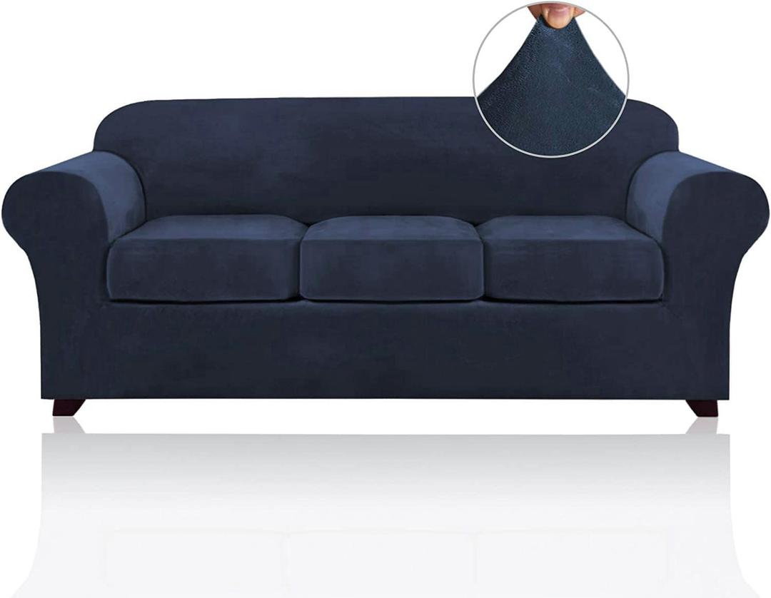 PrinceDeco Velvet Couch Covers for Sofa Soft 4 Pieces Couch Covers for 3 Cushion Couch Sofa Pet Friendly Furniture Protector with Non Slip Elastic Bottom Width Up to 90 Inch (Large, Navy)