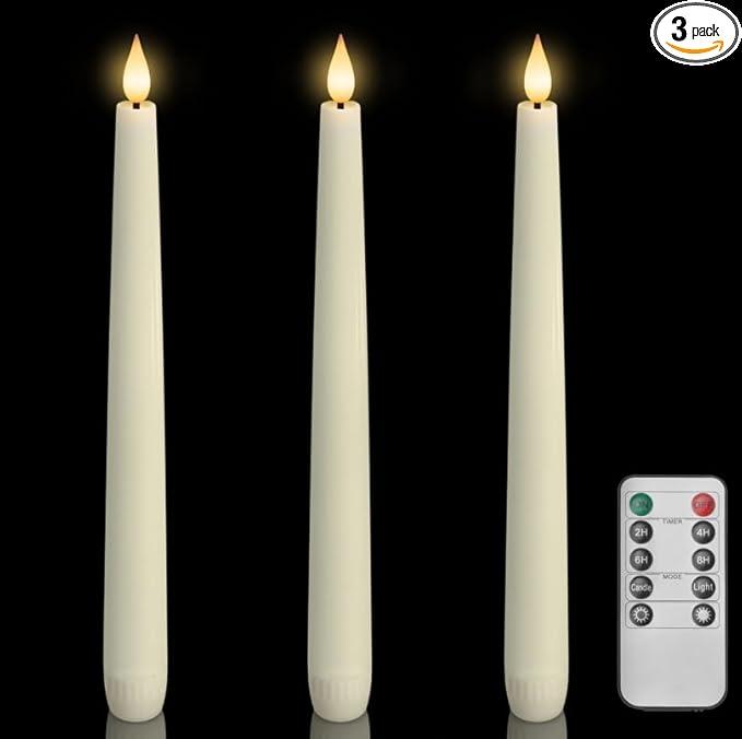 Homemory 3 Pcs Waxy Flameless Taper Candles with Remote, Flickering Battery Operated Taper Candles, Led Flameless Candlesticks Classic Tall Candle for Home, Wedding, Party, Ivory, 9.6 inches