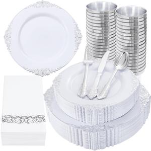 Nervure 350PCS Silver Plastic Dinnerware - White and Silver Disposable Plates for 50 Guests - 100 Disposable Plates, 150 Plastic Silverware, 50 Cups, 50 Napkins for Wedding & Party