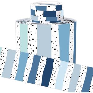 Whaline 32.8Ft Summer Classroom Bulletin Board Border Dusty Blue Dot Stripe | Die-Cut Rolled Border Trim, for Back to School Winter Chalkboard Wall Decoration