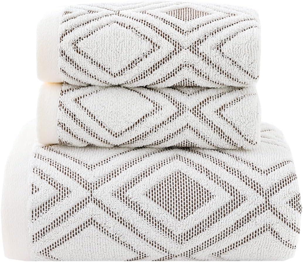 Pidada Bath Hand Towel Set of 3 Diamond Pattern 100% Cotton Absorbent Soft Decorative Towels for Bathroom (Beige Brown) (27.6 x 55 & 13.4 x 29.5)