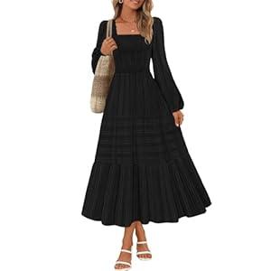 MEROKEETY Women's Fall Long Sleeve Floral Midi Dress Smocked Ruffle Tiered Square Neck Wedding Guest Dresses Pockets, Black, S