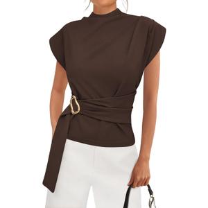 PRETTYGARDEN Women Blouses Spring Dressy Cap Sleeve Mock Neck Work Shirts Buckle Tunic Summer Business Casual Tops 2026