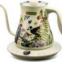 INFOOD 0.8L Gooseneck Electric Kettle, Precise Temperature Control for Pour Over Coffee & Tea, 1200W Fast Boiling Water, Auto Shut Off, Scheduling, Stainless Steel, Floral Painted Design