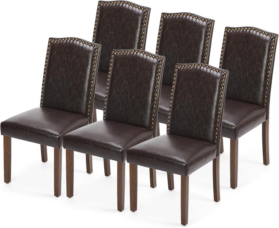 DUMOS Dining Chairs Set of 6, Moden PU Leather Kitchen Table Chairs with Wooden Legs and Padded Seat for Dining Room/Kitchen/Living Room/Restaurant, Brown, 6 Pack
