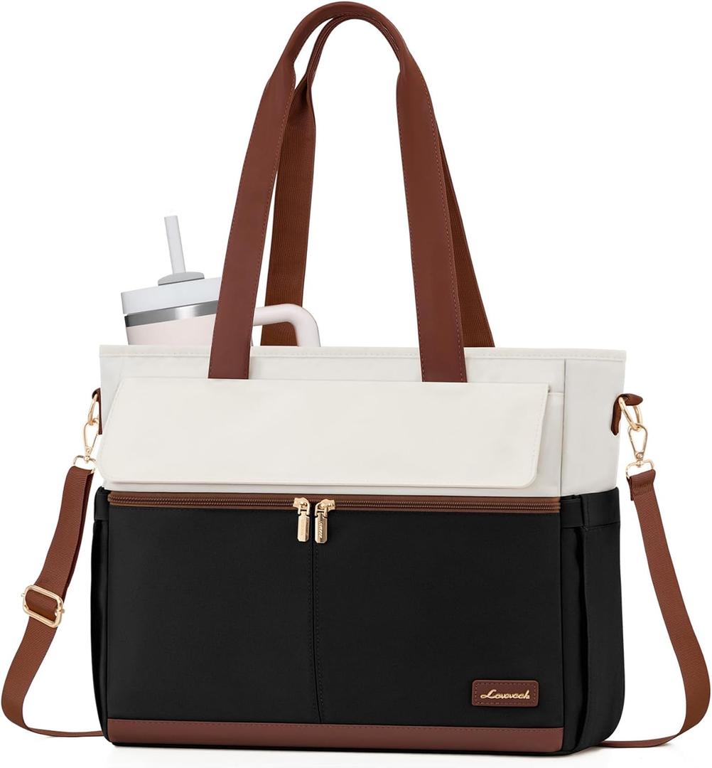 LOVEVOOK Laptop Tote Bag for Women  15.6" Roomy Work Bag with Large Inside Cup Pocket, Multiple Pockets for Teacher Nurse, Large Capacity Carry on Travel, Computer Purse Handbag for Office College (Black&brown)