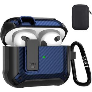 Valkit Compatible Airpods 3rd Generation Case with Lock Clip, Carbon Fiber Hard Shell AirPods 3 Case Cover with Keychain for Men Women Cool Shockproof Protective Case for Air Pods 3rd Gen, Black/Blue