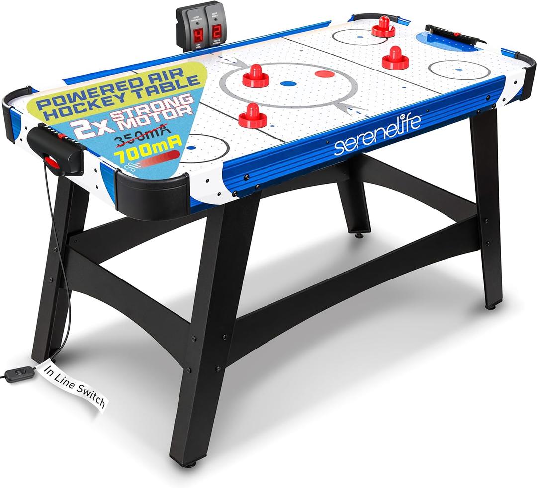 SereneLife 58in Powered Air Hockey Table Upgraded 700mA 12v 2X Powerful Motor, 4 Player 4 Pucks 2 Pushers, Full-Size Arcade Style, Inline Power Switch (Legacy Blue)