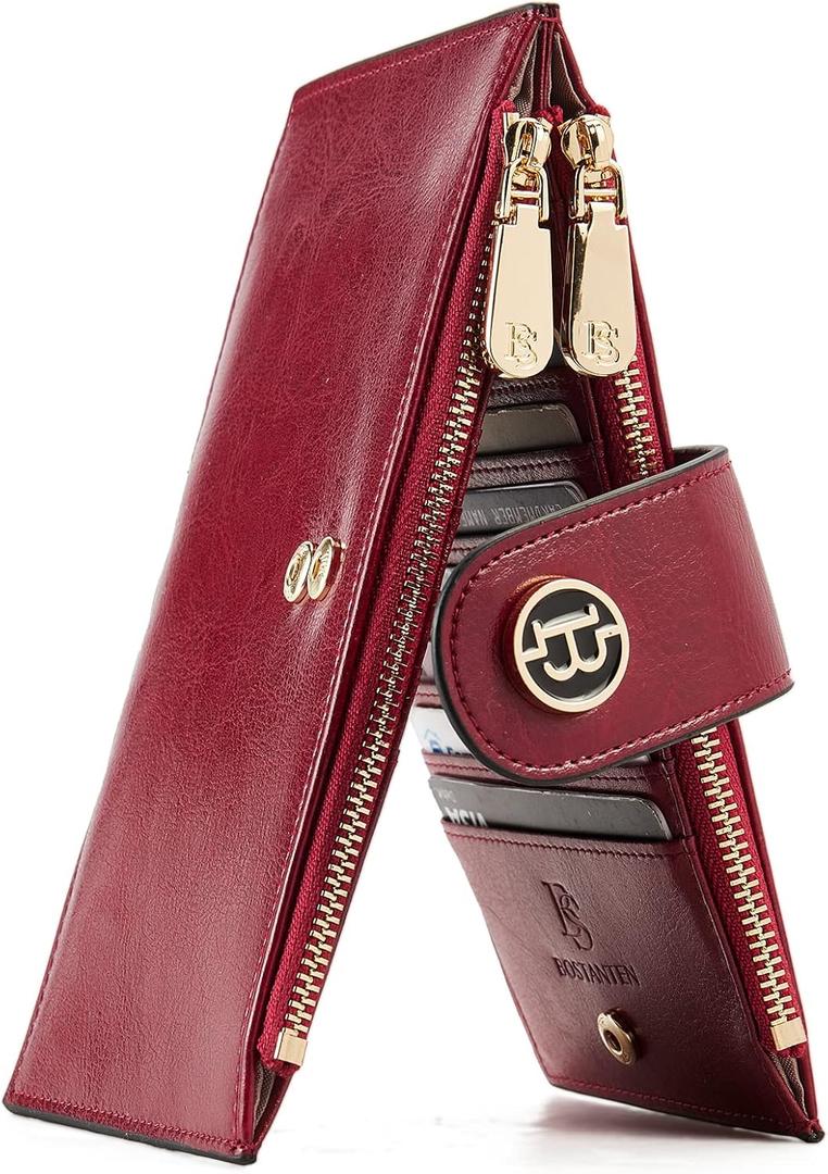 BOSTANTEN Leather Wallets for Women Large RFID Blocking Slim Bifold Purse Card Holder with Zipper Pocket (5-Wine-Red)
