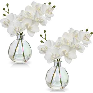 White Orchids Artificial Flowers Faux Orchid Arrangement with Iridescent Glass Vase Set of 2 Real Touch Phalaenopsis Orchid Flowers Orchids Centerpiece for Dining Room Table