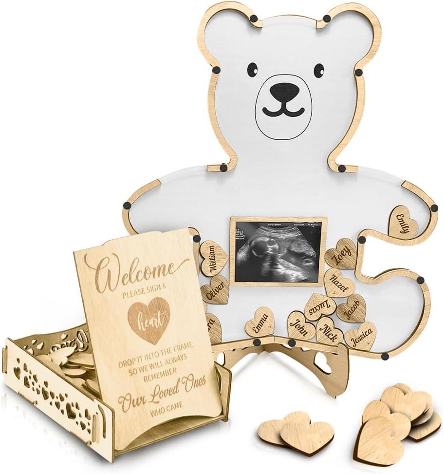 The Real Bossy Baby Teddy Bear Baby Shower Decorations - We Can Bearly Wait - Guest Book Alternatives - Woodland Creatures - Includes Wooden Heart Tokens and Box - Centerpiece - Nursery Ultrasound Photo Frame (White)