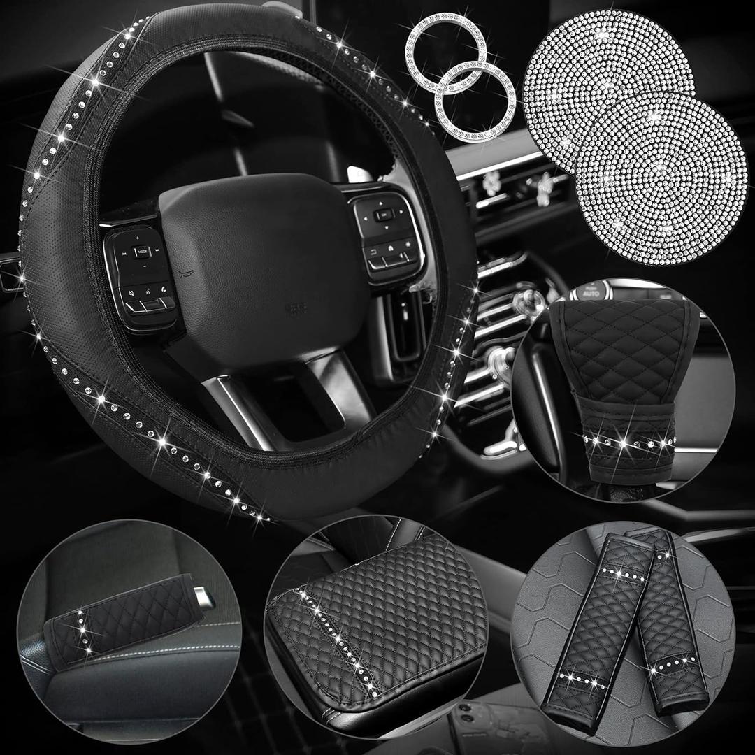 Sinmoe 10 Pcs Bling Car Accessories Set for Women Rhinestones Leather Accessories Steering Wheel Cover Armrest Gear Shift and Seat Belt and Handbrake Cover Cup Pads Start Button Ring(Black