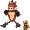 Extremely Durable Boar Chew Toy for Aggressive Chewers - Squeaky Rubber Chest & Rope Tug Legs for Large Breed Dogs (Brown)