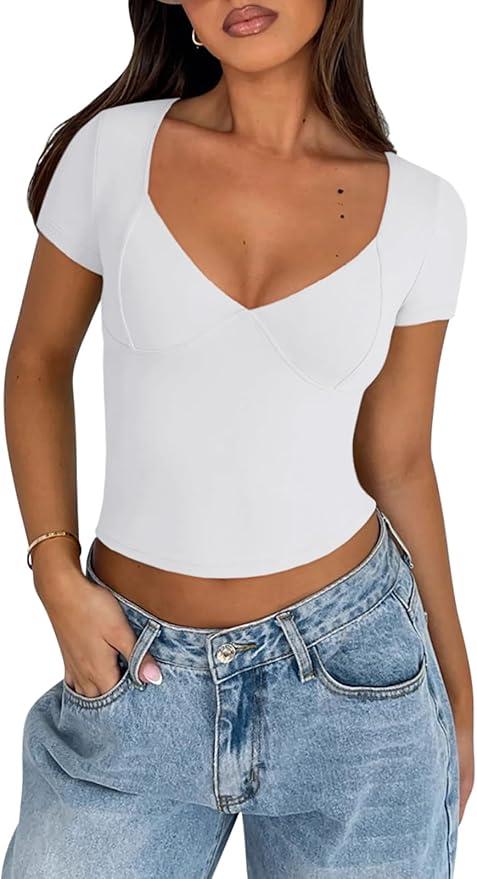 Reoria Women's Sexy Long Sleeve Going Out Tops Pleated Bustier Shirt Cute Sweetheart Neck Y2K Cropped Top, XL