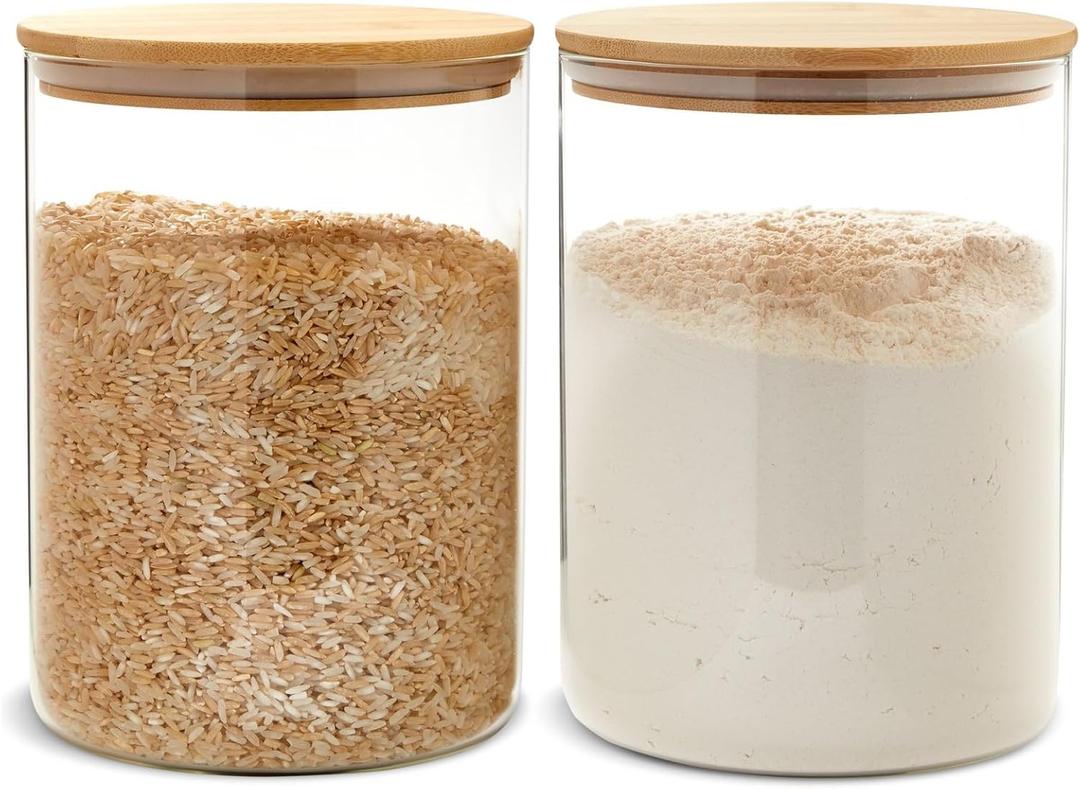 Juvale 2 Pack Large Bamboo Glass Storage Containers with Lids, 100 oz - Glass Jars, Food Canister Set, Sugar Container & Spice Jars - Pantry Food Storage