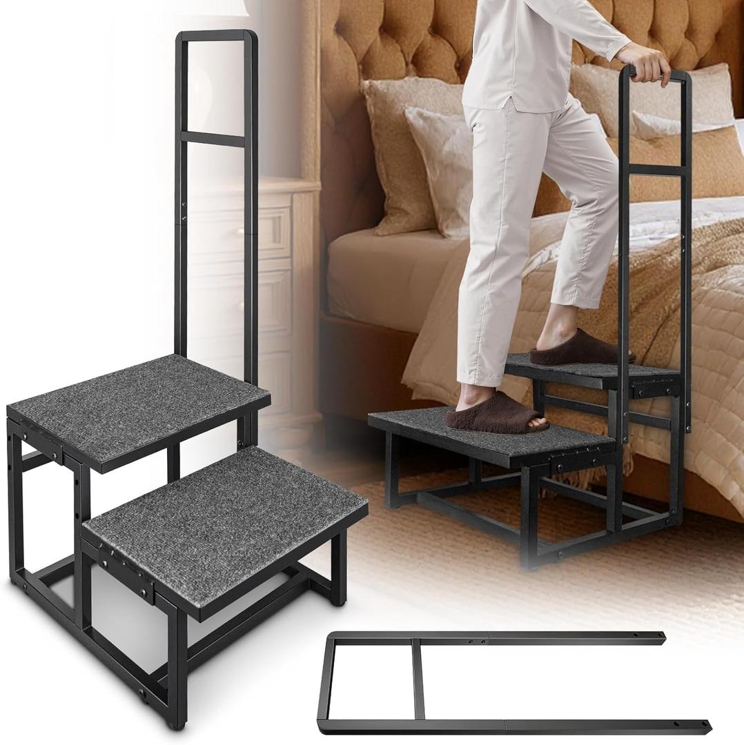 2-Step Stool with Handles for Elderly, Heavy Duty Stainless Steel Non-Slip Step Stool (Black, with Extra Handle)