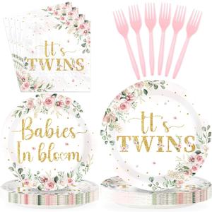96Pcs Twins Baby Shower Party Decorations Wildflower Baby in Bloom Paper Plates and Napkins Pink Gold Floral It's Twins Disposable Tableware Set for Boys Girls Birthday Party Supplies, Serves 24