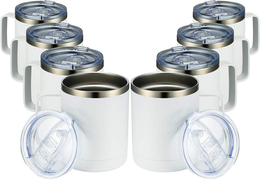 MEWAY 12oz Coffee Mug With Handle 8 Pack Bulk,Stainless Steel Insulated Travel Tumblers With Sliding Lid,Double Wall Vacuum Camping Cup for Hot & Cold Drinks Tea (White,Set of 8)