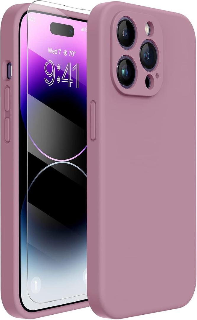 Miracase Designed for iPhone 14 Pro Case with Screen Protector, [Upgraded Camera Protection], Shockproof Liquid Silicone Rubber Phone Case Cover for 14 Pro 6.1 inch, Blackcurrant