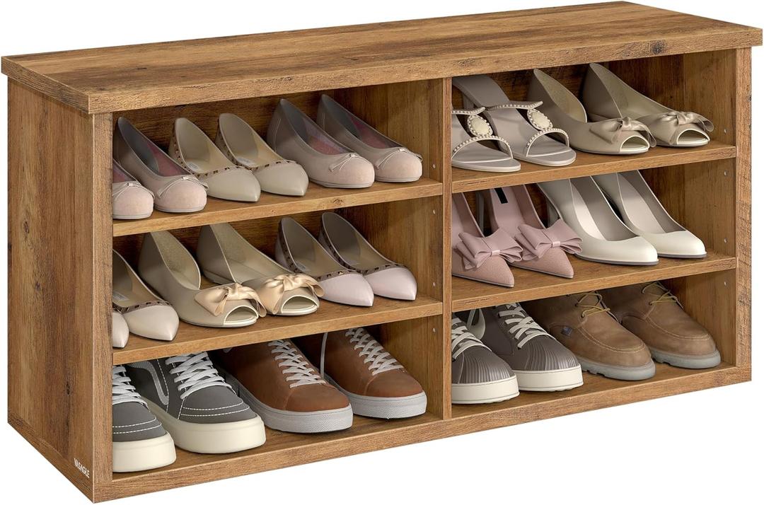 VASAGLE Shoe Bench, Storage Bench, 6 Compartments, Adjustable Shelves, for Living Room, Entryway, Dorm, 11.6 x 39.4 x 19.7 Inches, Honey Brown ULSB036K01