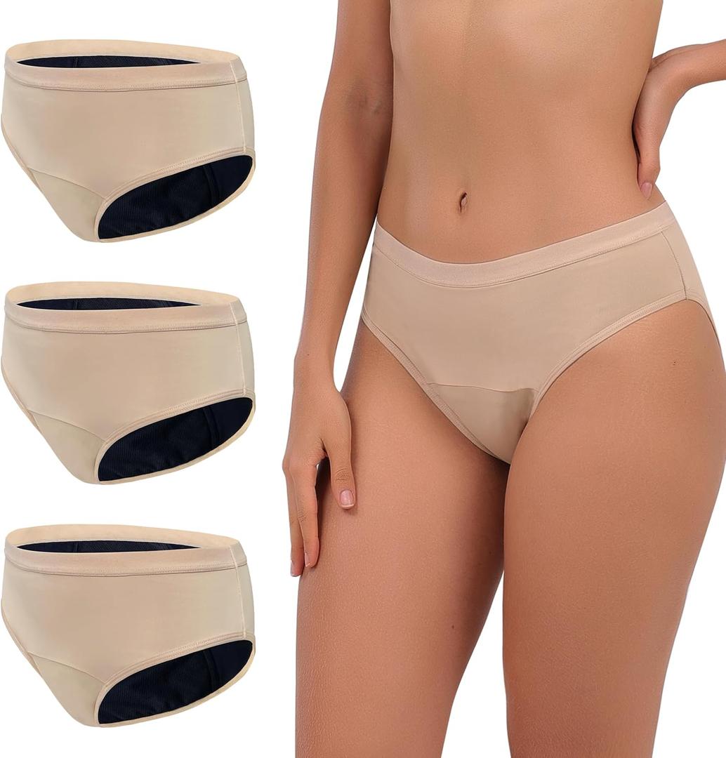 KARSWATT Super Absorbency Incontinence Underwear for Women Mid Rise Overnight Urine Leak Proof Postpartum Panties 3 Pack (Large, 3 Beige)