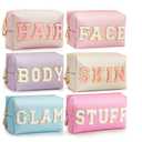 HBselect Preppy Makeup Bag 5 Pcs Travel Toiletry Bag Chenille Letter Patch Makeup Bag Portable Cosmetic Bag for Women PU Leather Waterproof Organizer Make up Bag for Women Girls