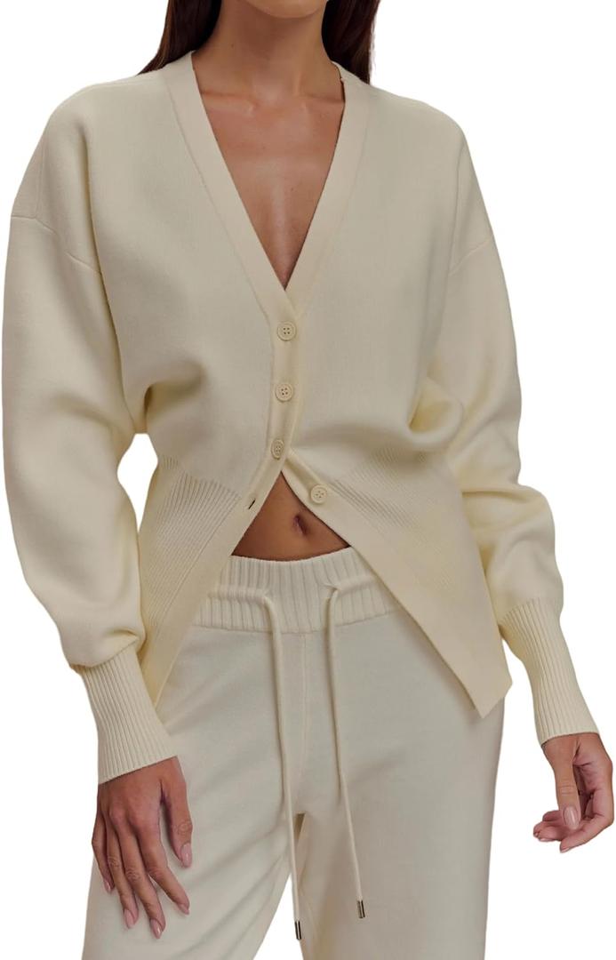 Cardigan Sweater for Women Oversized Deep V Neck Button Front Cardigan Fall Trendy Outfits Ivory