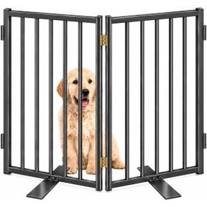 Metal Freestanding Dog Gates with Door for Outdoor Indoor,Extra Wide Tall Free Standing Dog Gate for Doorways,Large Openings,Deck,Yard,Porch,Foldable Safety Pet Fence (Black, 【2 Panels】 32''H*40''W)