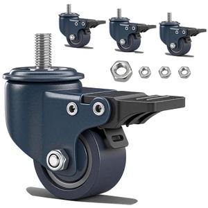 M8-1.25 Stem Caster Wheels, 1.6" Inch Heavy Duty Casters Set of 4, Threaded Stem (Diameter 8mm, Length 15mm) Locking Small Blue Caster with Brake, Swivel PU Mini Castor for Furniture, Carts