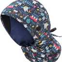 Adjustable Scrub Cap with Button, Satin-Lined Cotton Scrub Hat Sweatband, Elastic Working Hat Unisex, One Size (A-new Arrival Satin-lined Magic Teeth)