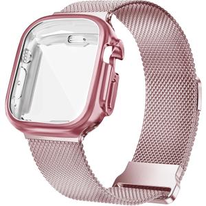 Geoumy Metal Magnetic Bands Compatible for Apple Watch Ultra 49mm with Case, Stainless Steel Milanese Mesh Loop Replacement Strap Compatible with iWatch Series Ultra 1 Ultra 2 for Women Men, Rose Pink