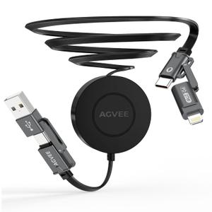 AGVEE 1.6ft Fixed / 2.3ft Extend 4 in 1 Multi USB Charger Cable Mountable One Way Retractable 60W Fast Charging Cord, Pocket-Sized for iPhone 16 15 14 13 12 11, Samsung, Android, Desk Organizer, Black