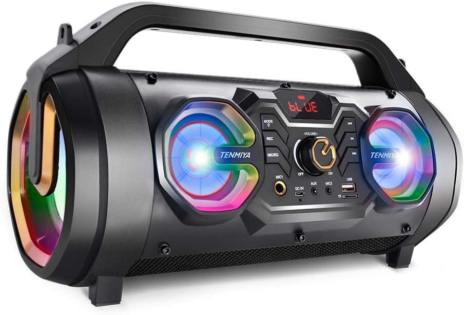 Bluetooth Speaker, 30W Portable Bluetooth Boombox with Subwoofer, FM Radio, RGB Colorful Lights, EQ, Stereo Sound, Booming Bass, 10H Playtime Wireless Party Speaker for Home, Outdoor, Travel, Camping  Black Gold