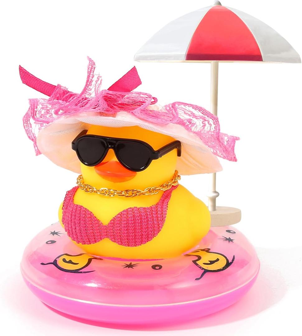 2 x Yellow Rubber Duck with Sun Hat, Swim Ring, Necklace, Sunglasses & Sunshade Cute Duck for Car Ornament Home Decor Desk Summer Beach Party Decoration (Hot Pink)