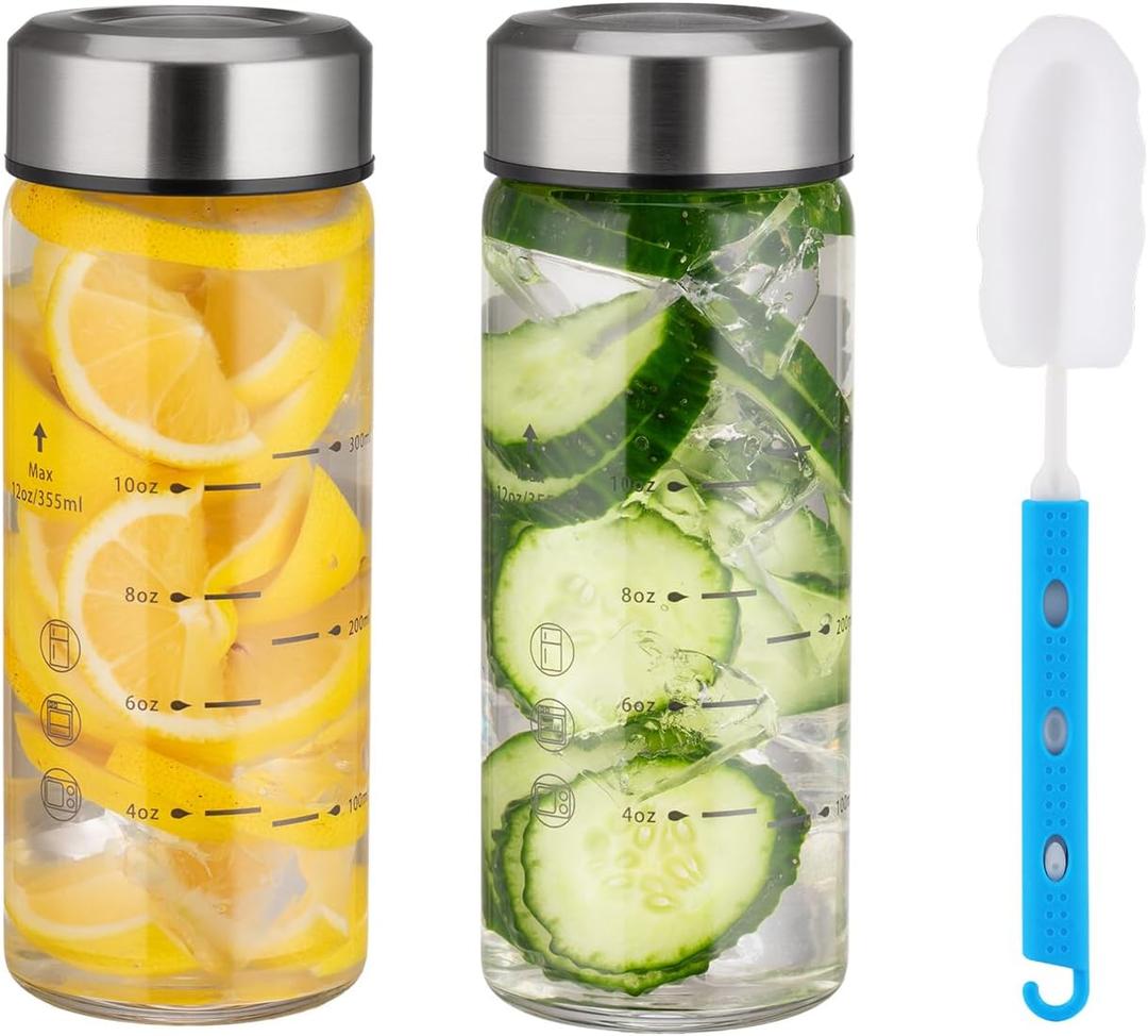 Glass Juice Bottles 12oz - 2 Pack Wide Mouth Water Bottles with Lids for Juicing Reusable Juice Bottles for Smoothie Beverage Storage BPA Free Leakproof Borosilicate