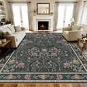 Floral Area Rug 8x10 Washable Vintage Non Slip Rug Large Soft Low Pile Stain Resistant Rugs for Living Room Bedroom Dining Room Laundry Indoor, Dark Grey
