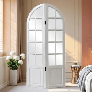 SOFE Arched Window Frame Room Divider 2 Panel, 4.7ft / 56 Inches Rustic White Folding Screen with Mirror Panels, Wood Indoor Partitions and Dividers Freestanding Bedroom Dressing Rooms Decor