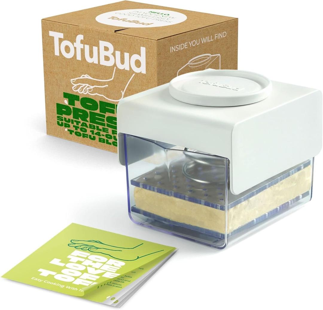 TofuBud Tofu Press - Tofu Presser for Firm or Extra Firm Tofu - Tofu Maker with Water Drainer Made from Durable Sustainable Materials - Tofu Recipe Book Included