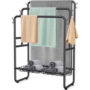 Kayfia 40" Tall Standing Towel Racks, 3 Tier Towel Stand Blanket Rack with 2 Removable Storage Baskets & 6 Hooks, Indoor Outdoor Freestanding Towel Racks for Bathroom Bedroom Organizer (Black)