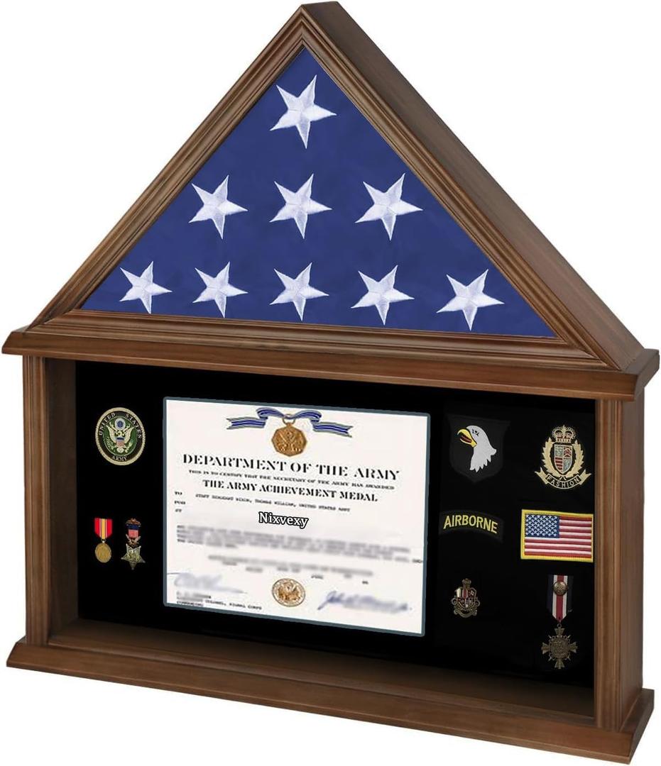 Burial Flag Display Case Solid Wood Flag Display Case Fit 5' x 9.5' Folded Flag Large Military Show Box with Real Glass, Certificate Holder for Flag, Certificate, Badges and Medals - Walnut