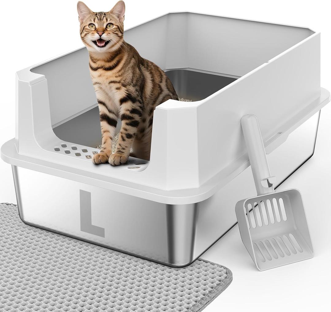 FURTIME Stainless Steel Litter Box with Lid, Large Metal Cat Litter Box for Big Cat, Large Cat Box High Sided with Non-Stick, Odor-Resistant, Anti-Urine Leakage, Easy Cleaning, Includes Scoop and Mat (Silver)