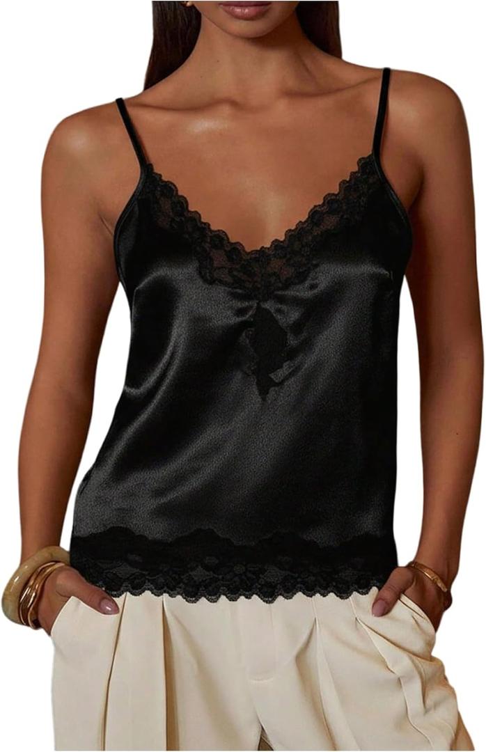 SOLY HUX Women's Satin Lace Camisole Tops V Neck Spaghetti Strap Y2k Going Out Summer Cami Top (Pure Black,S)