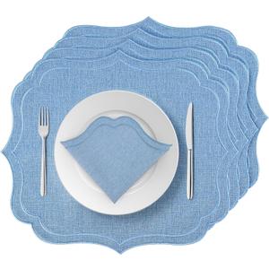 Set of 4 Blue Cotton Linen Placemats, 16 x 18 Embroidery Cloth Table Mats with Scalloped Edge Washable Fabric Place Mats Wavy Shape for Wedding Baby Shower Party Table Decor