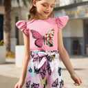 mksodop Girls outfits 2-Piece ruffled short sleeve butterfly floral print high waist floral shorts girls summer clothes (Pink, S)