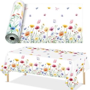 Spring Floral Tablecloth Roll 100 Ft x 51 Inch Spring Table Cover Roll Plastic Wild Flower Party Table Cloth Decoration Disposable Plastic Tablecloth for Springtime Birthday Party Wedding Tea Supplies