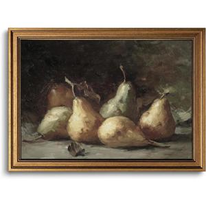 Gold Framed Wall Art Vintage Pear Still Life Canvas Art Farmhouse Fruits Picture Wall Decor Antique Prints Rustic Kitchen Paintings Country Artwork for Bedroom Bathroom Living Room 16x24 Inch